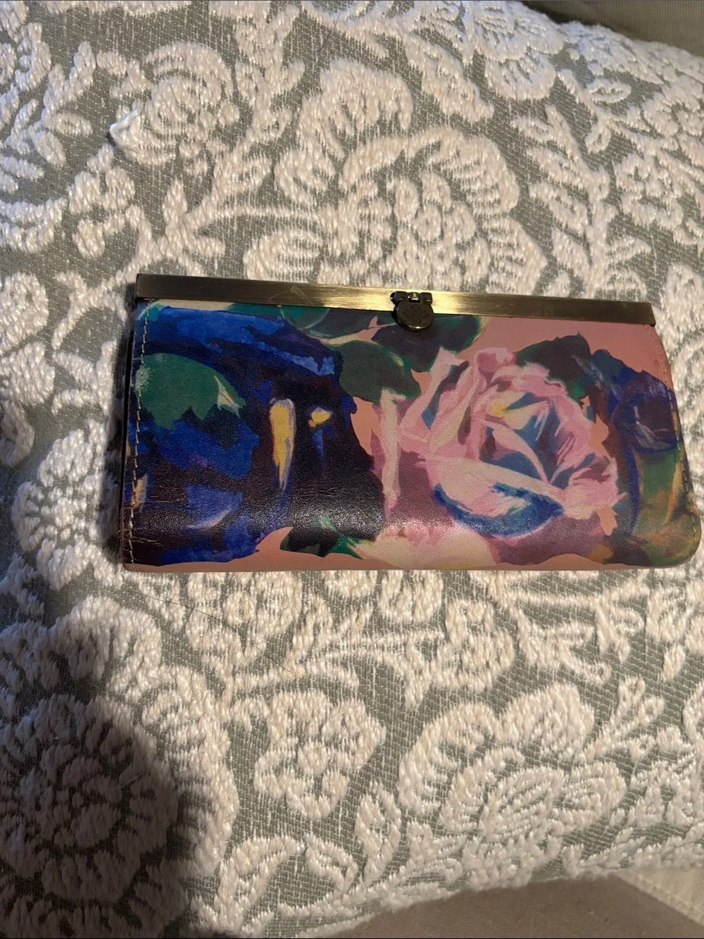 Patricia Nash Pink Floral Rose Print Clutch Wallet with Blue Accents
